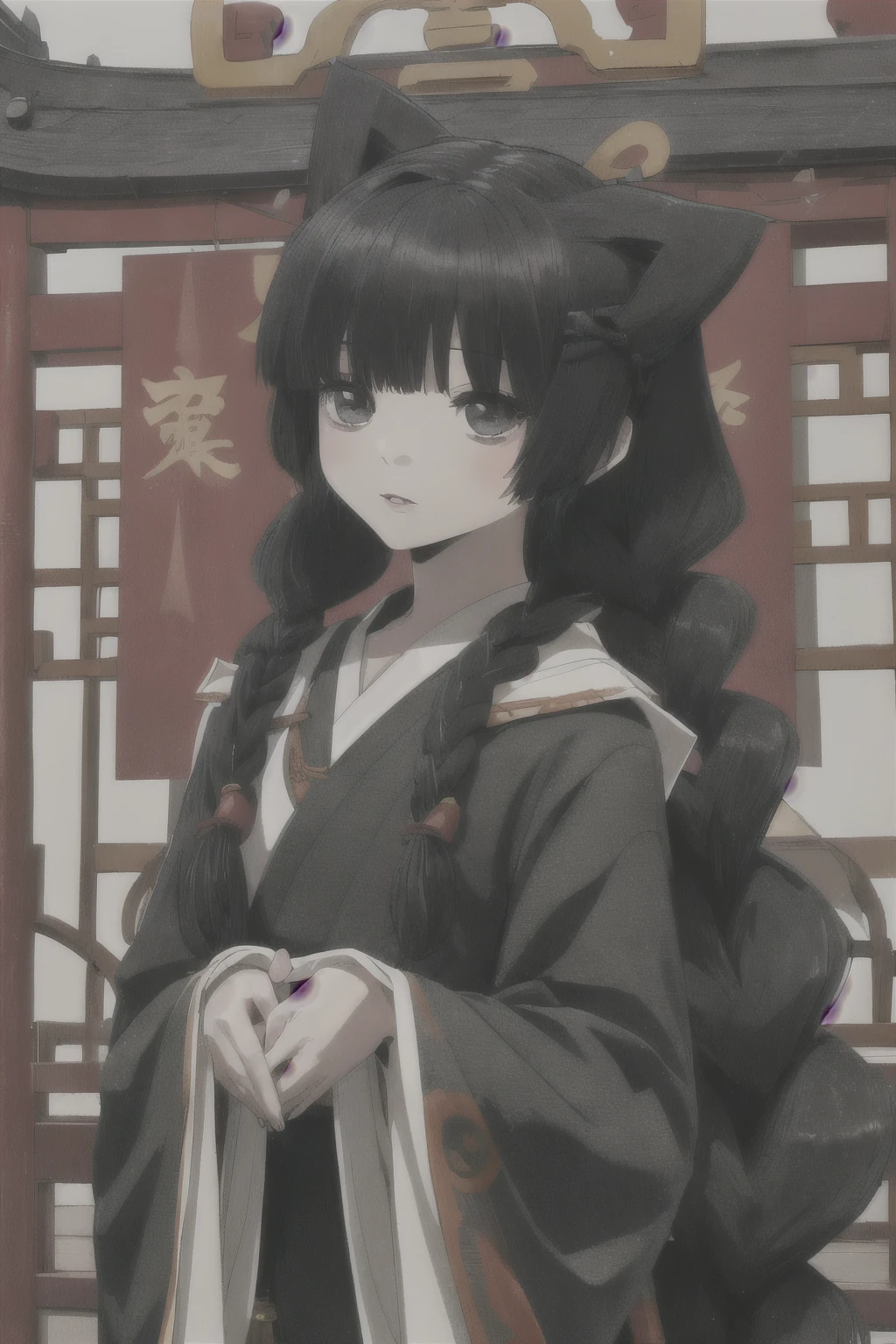 a woman, black long hair, manga style by Torii Kiyomasu, old chinese temple background, anime aesthetic, official anime art, highly detailed, 8k, photorealistic, masterpiece, dramatic lighting, beautiful detailed eyes, beautiful detailed lips, extremely detailed face, long eyelashes, elegant pose, dynamic composition, hanfu, chinese, skinny, some beads and small braids in hair, upper body in frame