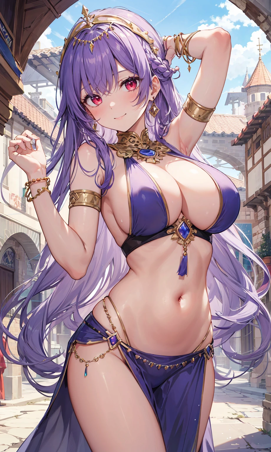 high quality, ultra detailed, best quality, insanely detailed, beautiful, masterpiece, 1girl, medieval plaza, cowboy shot, red eyes, long hair, purple hair, belly dancer, circlet, earrings, armlets, bracelets, bashful smile, large breasts, cleavage, soft stomach