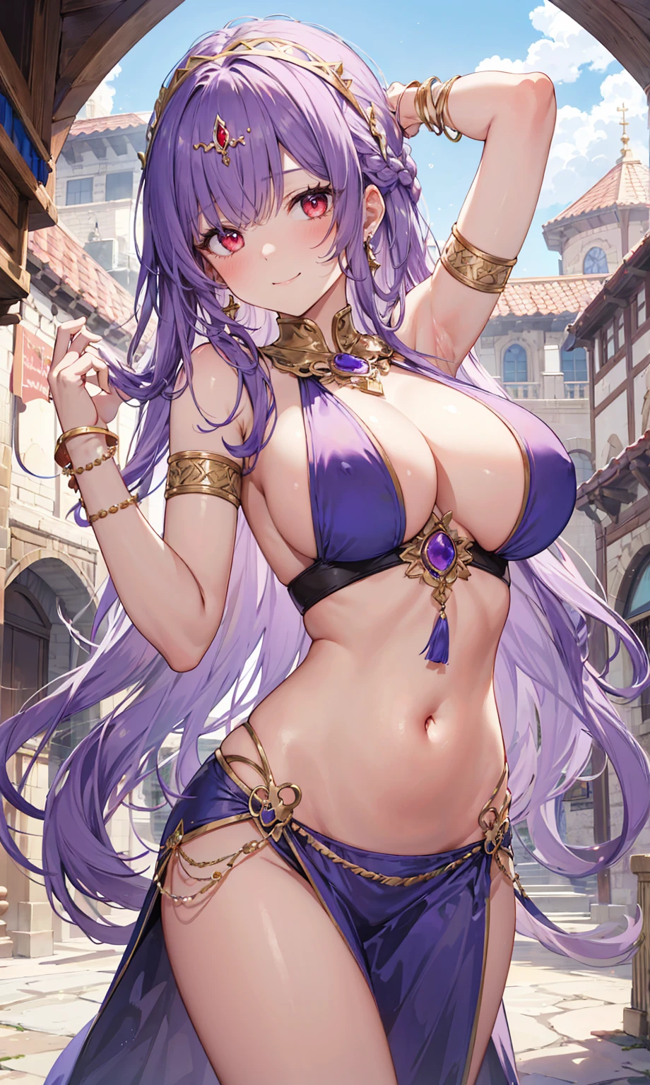 high quality, ultra detailed, best quality, insanely detailed, beautiful, masterpiece, 1girl, medieval plaza, cowboy shot, red eyes, long hair, purple hair, belly dancer, circlet, earrings, armlets, bracelets, bashful smile, large breasts, cleavage, soft stomach