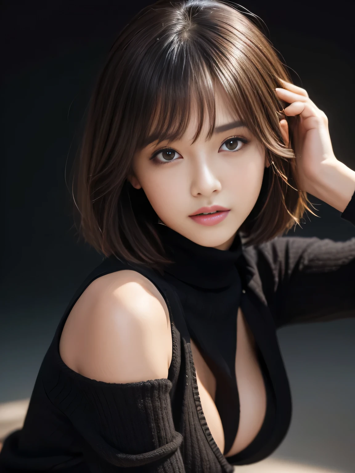 masterpiece, best quality, ultra-detailed, intricately detailed hyperdetailed, realistic, sharp features, highly detailed, sharp focus, , perfect face, perfect face, perfect symmetrically perfect eyes, perfect full lips, flexible female form, cinematic, film light, hyper detailed, hyper realistic, high resolution, vibrant, dynamic studio lighting, ((Dark background)), short hair, straight Bangs, cleavage, brown Eyes, Black sweater, cowboy shot,