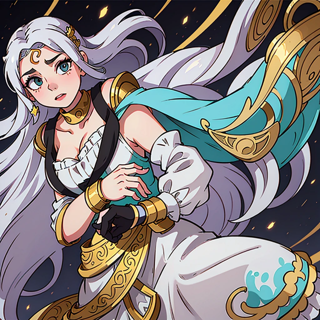 anime adult woman with wavy white hair with two strands over her face leaving her forehead exposed, one golden eye and one turquoise eye, He has a gem on his forehead, gentle and decorations in the hair, wearing a strapless dress with gray lace sleeves with gold decorations, dancing arabic style, greek sanctuary background, whole body 