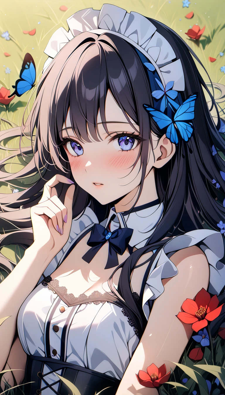 (1girl,20 years old),black hair,long hair,maid outfit,blush,blush,separated lips,lying,grassland, natural soft lighting, butterfly, bug, blue butterfly, blue flowers, red flowers, purple flowers, petals, beautiful, aesthetic, elegance, ethereal beauty, detailed, intricate details, absurdres, beautiful color, masterpiece, amazing quality, best quality, high quality, 4K, 8K, K, UHD,, upper body,