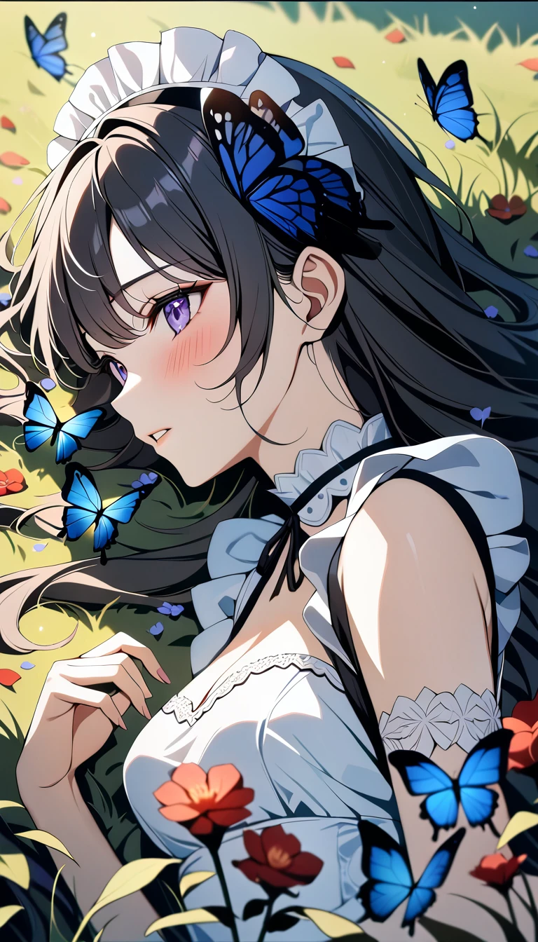 (1girl,20 years old),black hair,long hair,maid outfit,blush,blush,separated lips,lying,grassland, natural soft lighting, butterfly, bug, blue butterfly, blue flowers, red flowers, purple flowers, petals, beautiful, aesthetic, elegance, ethereal beauty, detailed, intricate details, absurdres, beautiful color, masterpiece, amazing quality, best quality, high quality, 4K, 8K, K, UHD,, upper body,