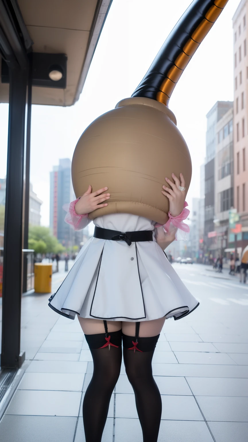 1girl, natural lighting, masterpiece, highly detailed, realistic, 8k resolution, high quality, aichan, city, idol dress, white thigh highs, narrow waist, (cell vore), (tail vore:1.3)