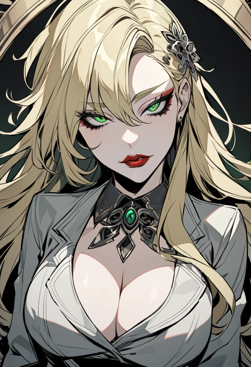 girl, tez blanca, blonde hair, long hair, thick lips, seductive look, green eyes, defined body, Gray shirt, danganronpa style 