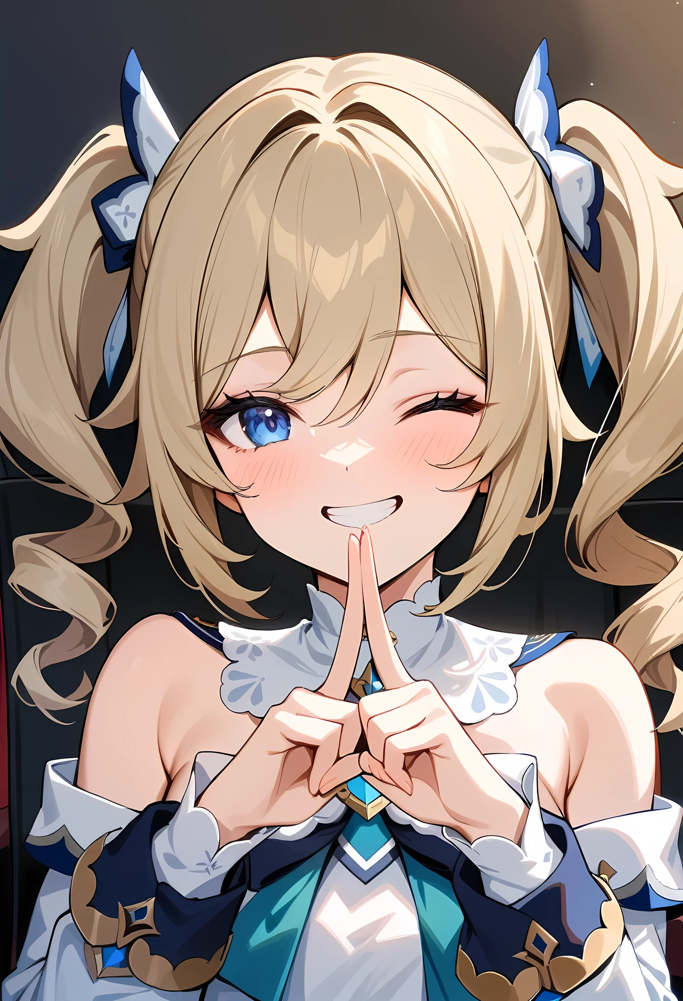 masterpiece, best quality, very aesthetic, absurdres, newest,1girl, (close-up of face), shushing, silence gesture,wink,one eye closed, smile, grin,finger_to_mouth,,barbara_(genshin_impact), genshin_impact, 1girl, bare_shoulders, blonde_hair, blue_eyes, detached_sleeves, dress, drill_hair, hair_between_eyes, long_hair, long_sleeves,pantyhose, solo, twin_drills, twintails, white_dress, white_pantyhose,,in movie theatre