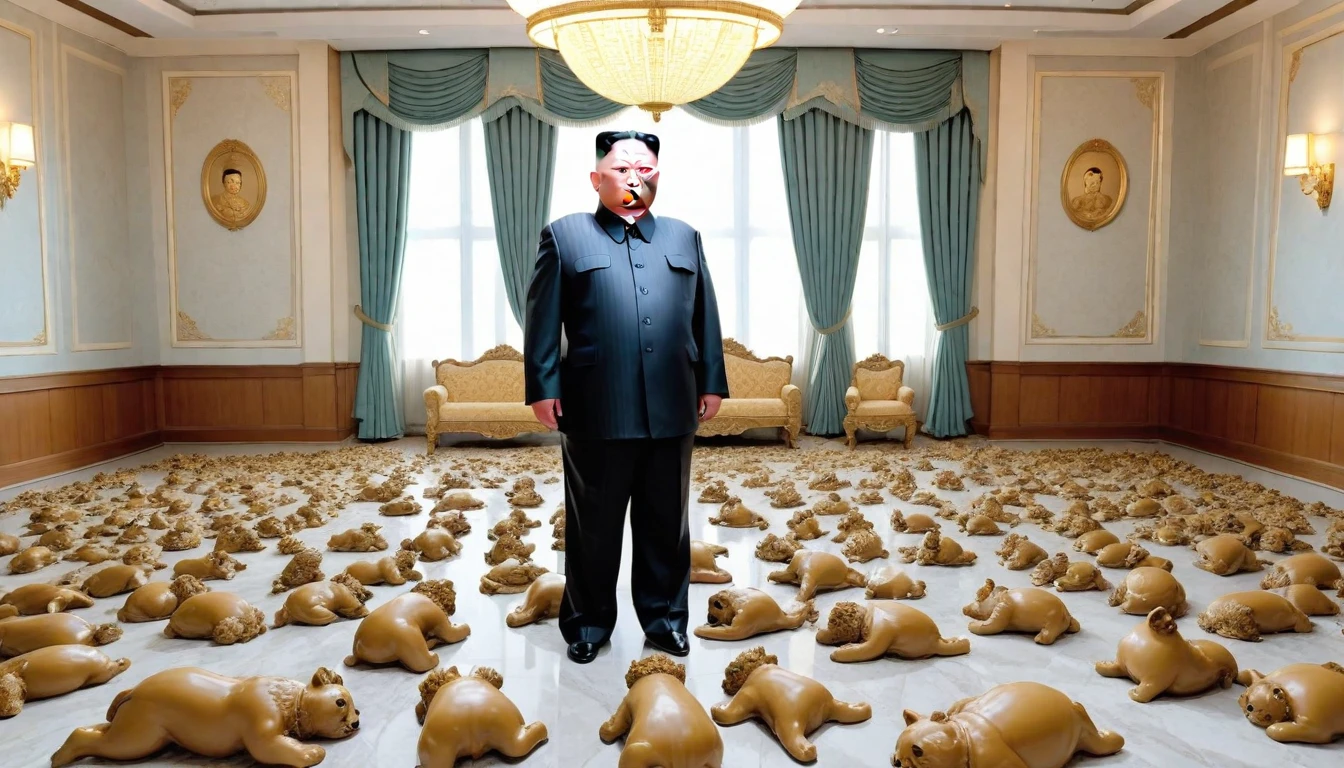 kim jong un  (detailed face), disguised as a , admiring a room of the Pyonyang Palace filled with gigantic pieces of seductive ladies of the poop bipeds with poop paws on the floor of its glorious PPV poop coupling hole , detailed face, 4k,8k, detailed