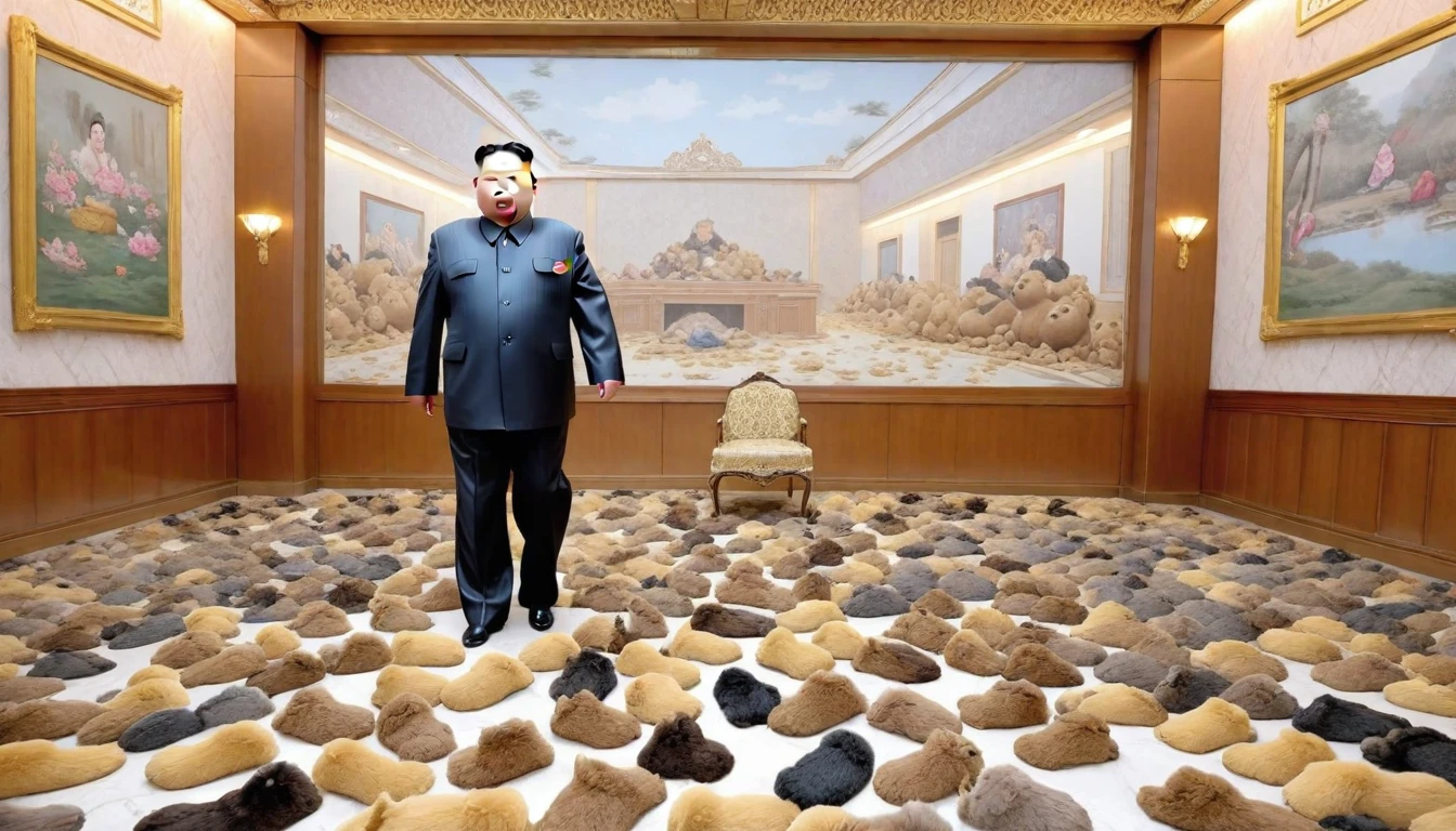 kim jong un  (detailed face), disguised as a , admiring a room of the Pyonyang Palace filled with gigantic pieces of seductive ladies of the poop bipeds with poop paws on the floor of its glorious PPV poop coupling hole , detailed face, 4k,8k, detailed