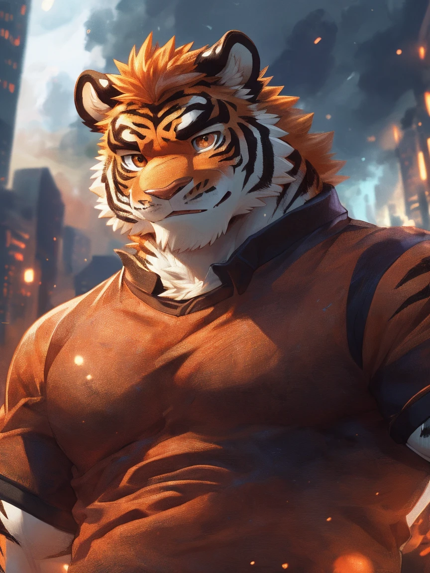 human nature, Wildlife, male,18 years old， solitary, ((Round Face, The face is plump,Orange eyes,Thick orange hair，With scars)), ((Endomorph, Handsome，Hot Blood)), (Sportswear，Clothes Damaged), ((domestic tiger, tiger，) Fluffy fur, Fluffy), Bokeh, (high quality, high resolution, masterpiece), (Dynamic Lighting, Vibrant colors), (Revitalize，harm，Disdain), Full body picture (close up), cartoon, author：Takemoto Arashi, From zixiong, By Chunni, author：Empty Ghost，（background：A city where it rains）