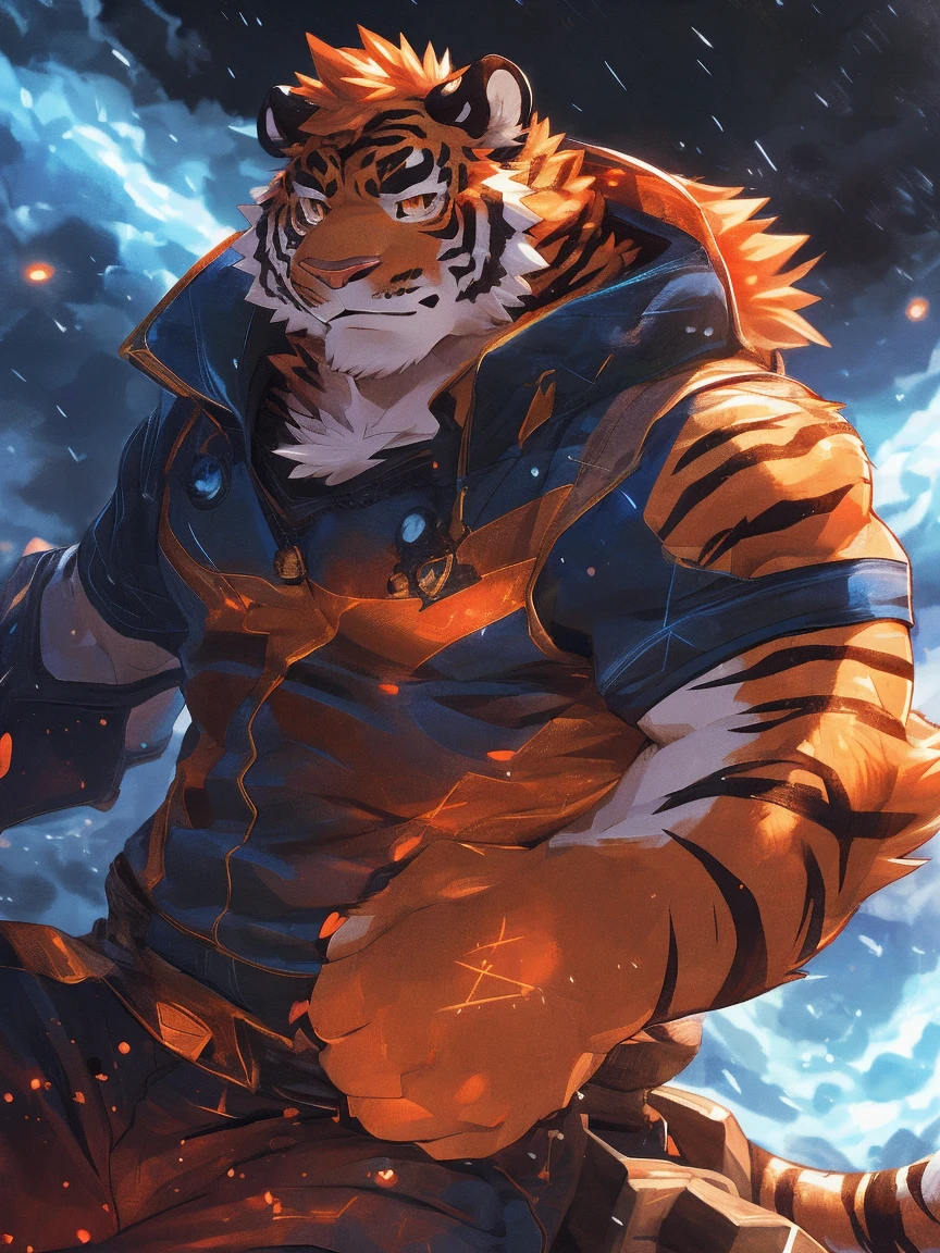 human nature, Wildlife, male,18 years old, solitary, ((Round Face, The face is plump,Orange eyes,Thick orange hair,With scars)), ((Endomorph, Handsome,Hot Blood)), (Sportswear,Clothes Damaged), ((domestic tiger, tiger,) Fluffy fur, Fluffy), Bokeh, (high quality, high resolution, masterpiece), (Dynamic Lighting, Vibrant colors), (Revitalize,harm,Disdain), Full body picture (close up), cartoon, author:Takemoto Arashi, From zixiong, By Chunni, author:Empty Ghost,(background:A city where it rains)