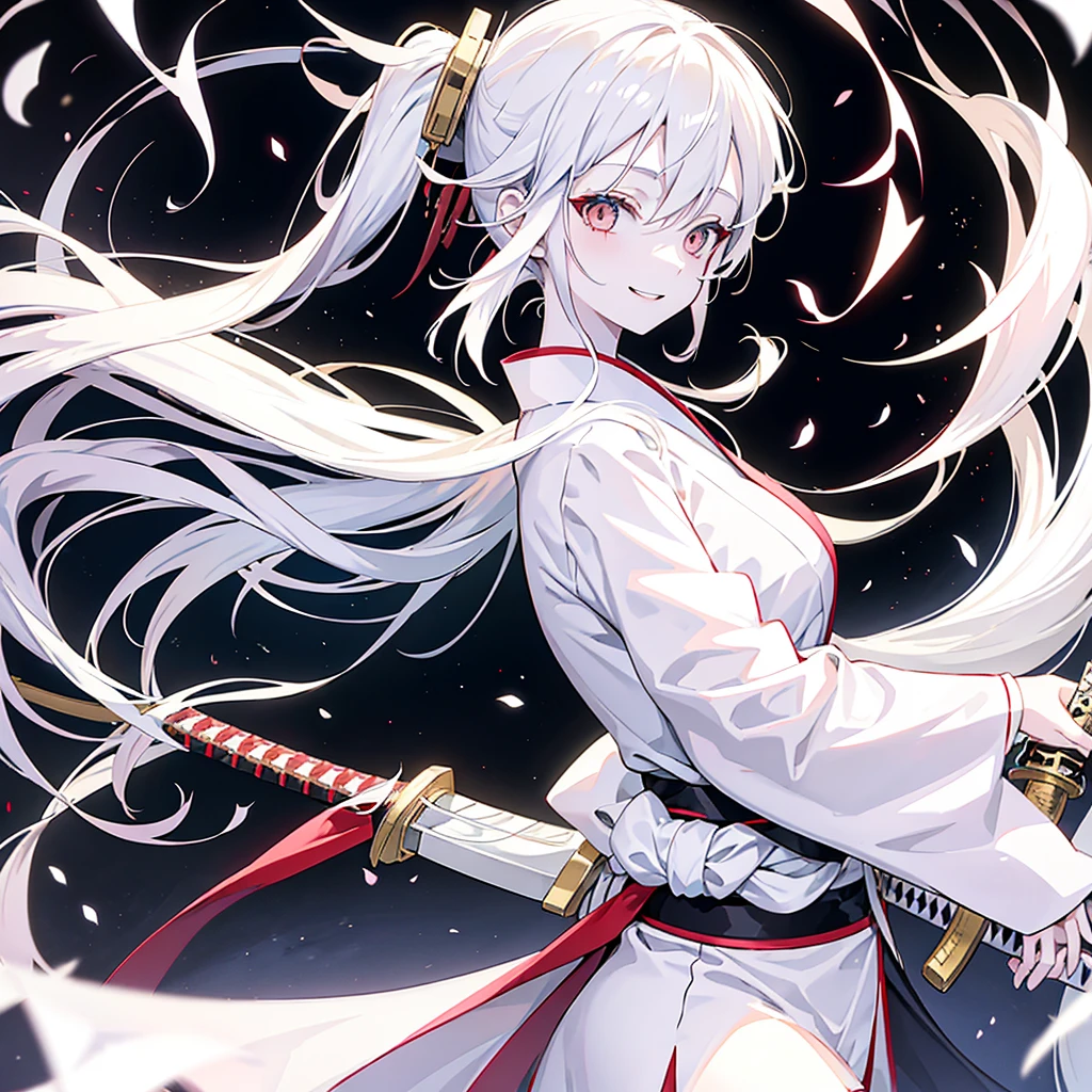 Anime girl, Long white hair, pale skin, white eyes, long white kimono, katana in hand, smiling