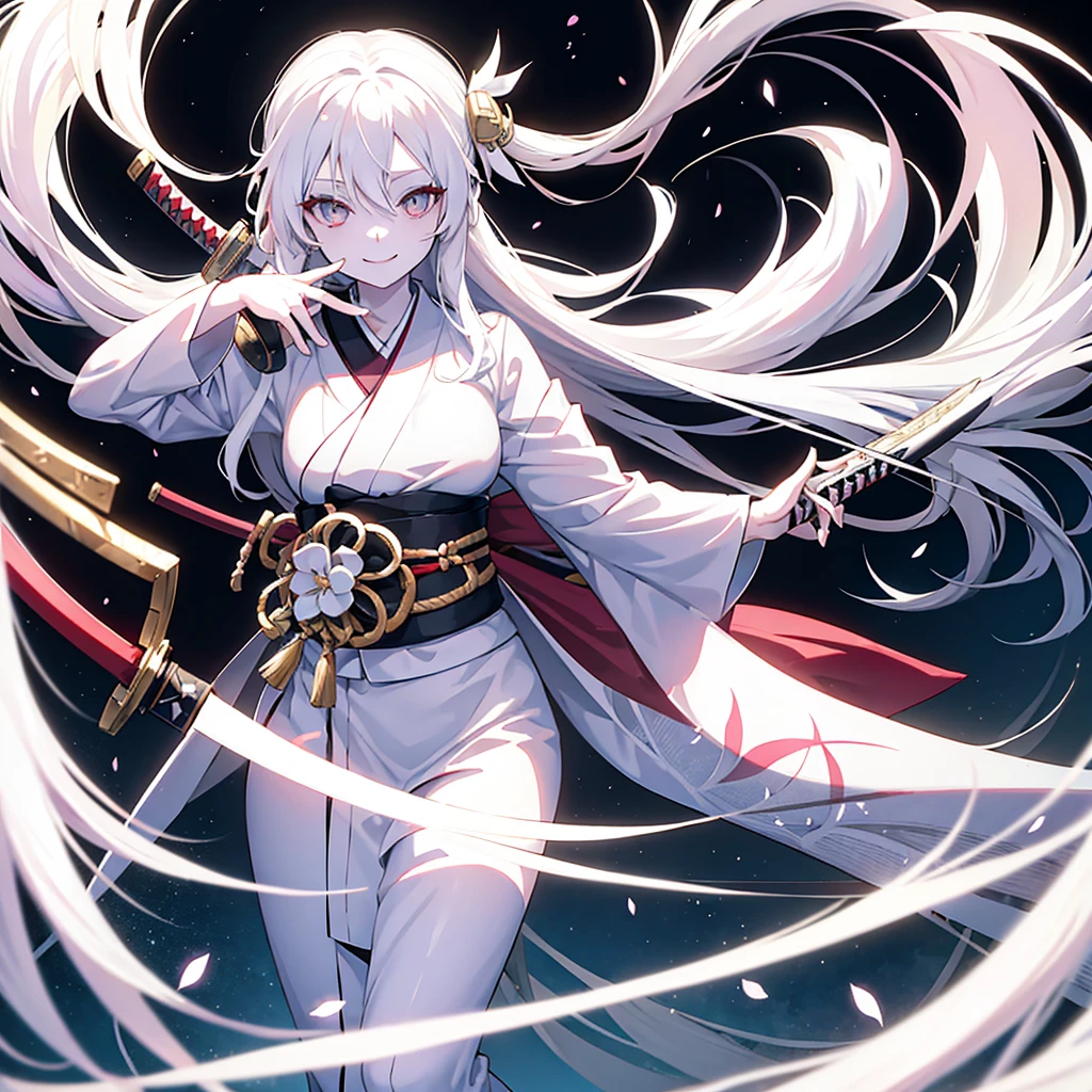 Anime girl, Long white hair, pale skin, white eyes, long white kimono, katana in hand, smiling
