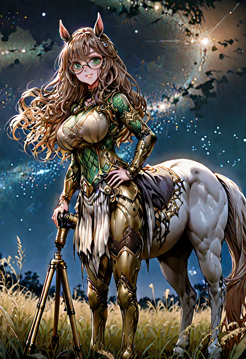 solo, female, sfw, medium shot, long wavy hair, brown hair, dark green eyes, centaur girl, huge woman, ((centaur)), brown horse ears, huge breasts, scholar, modest clothes, night sky, brown horse body, horse lower body, horse body from the hip down, calm smile, huge brass telescope on tripod, starry sky, grassy field, night, coat, glasses, from the hip up, horse legs