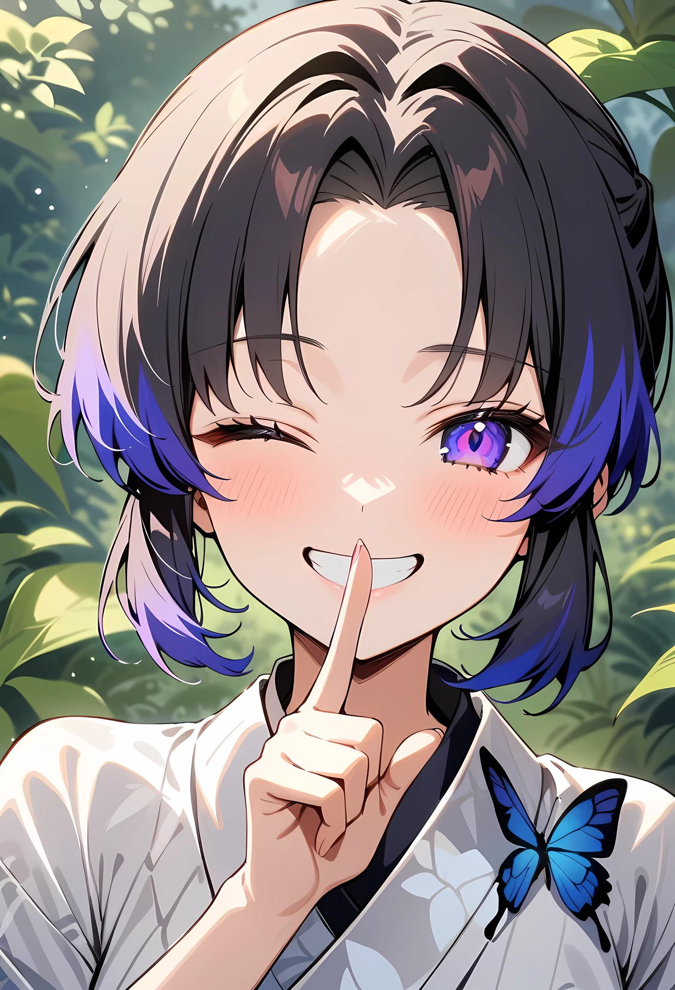 masterpiece, best quality, very aesthetic, absurdres, newest,1girl, (close-up of face), shushing, silence gesture,wink,one eye closed, smile, grin,finger_to_mouth,,Kochou Shinobu, Decorate your hair with a butterfly, violet eyes, multi-colored hair, Short hair, Parted bangs, Japanese dress,in a botanical garden