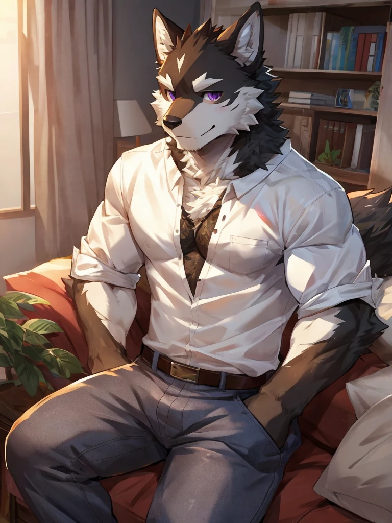 embedding:black wolf, male,purple eyes,Scar on the face, scar on the body,Single person,The fur on the chest and abdomen is white.Inside the apartment,Elder brother.Modern apartment, clean and tidy.casual Shirt,Casual pants,Formal, everyday,A mild expression,Maturity,The highest quality of scene detail,adult,Tall and powerful,muscle,Best quality hands, best quality eye,detailed fur,Delicate eyes.Extreme picture quality,by sollyz,by zixiong,by milkytiger1145