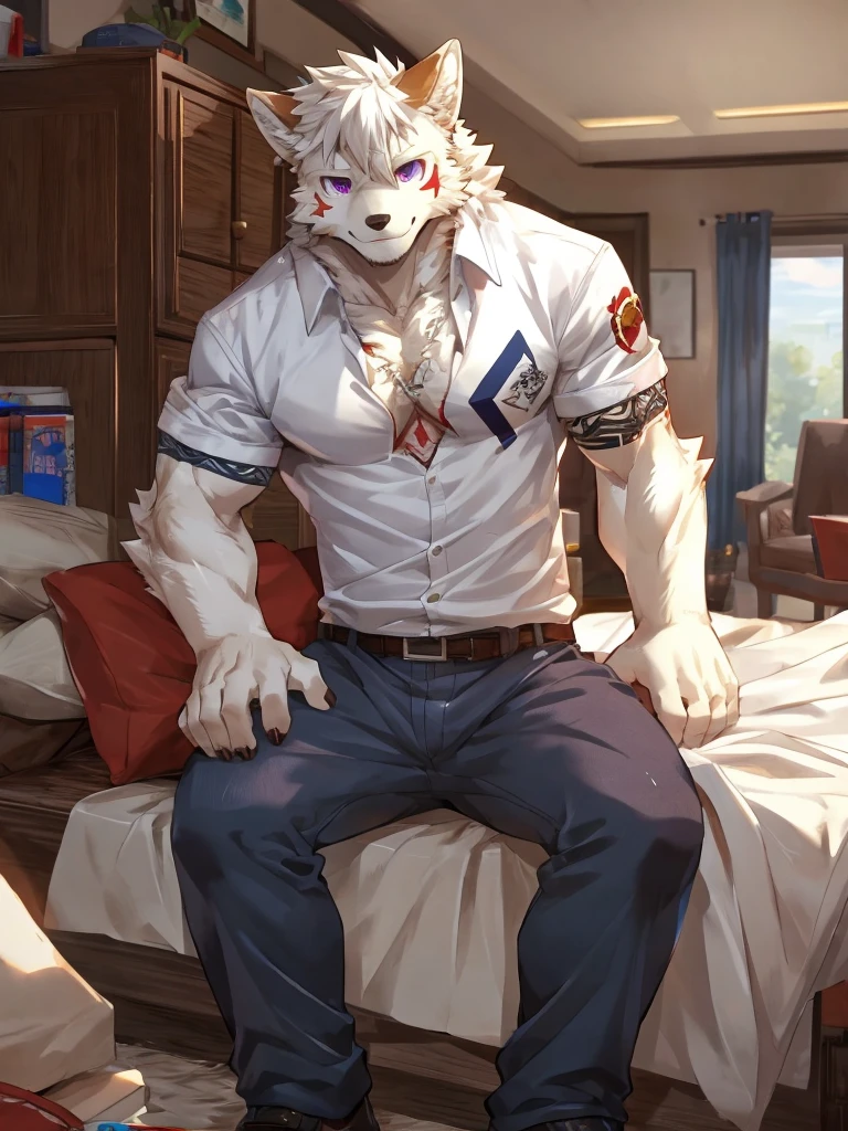 A white wolf (with red stripes all over him) sitting on his bed naked