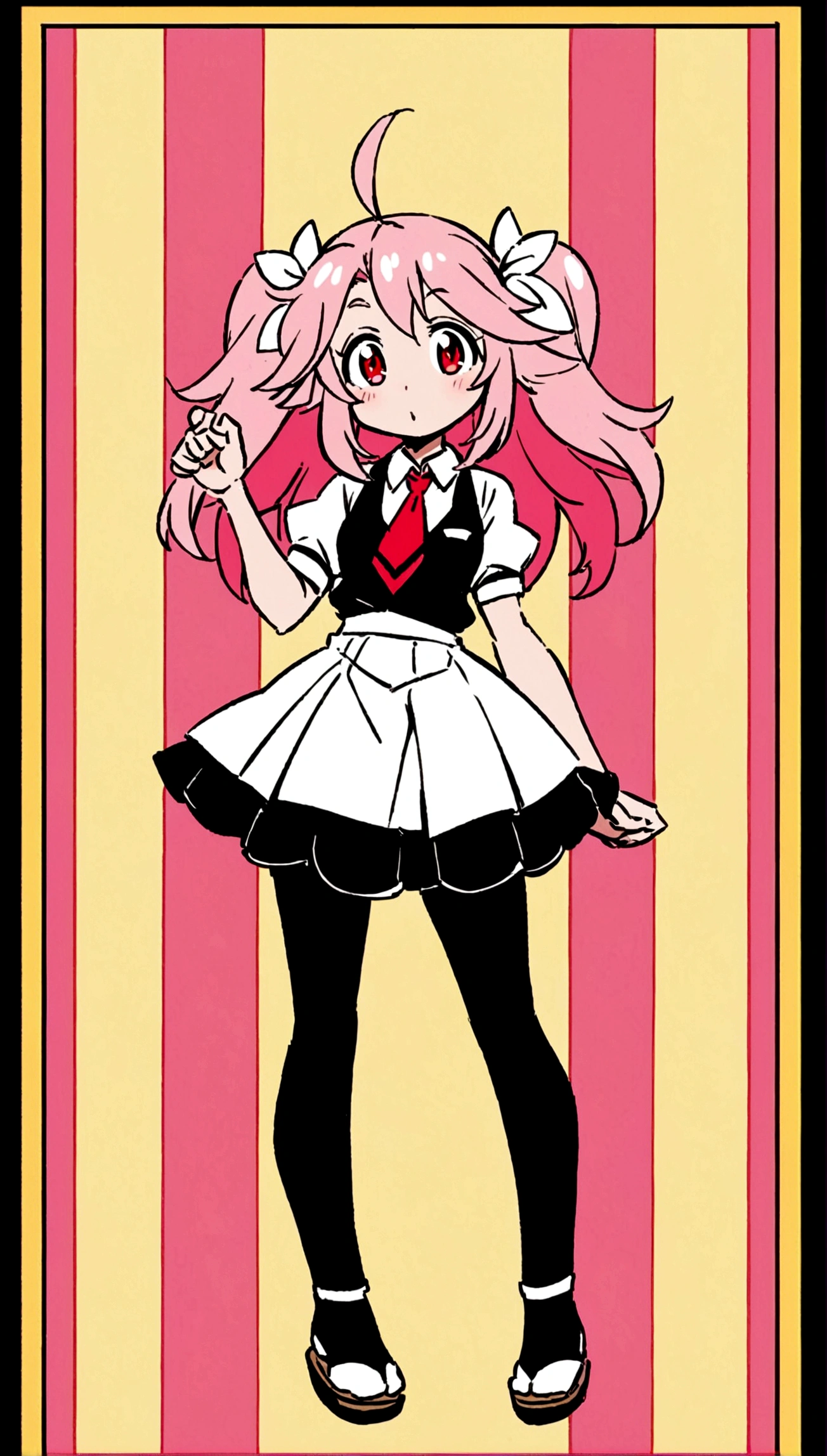 An anime-style full body profile picture of the character Hiiro, with long pink hair and red eyes wearing a white and skirt with black tights on a solid background. The artwork should capture her vibrant personality in the style of manga, emphasizing bright colors and exaggerated features typical for Japanese animation. Ensure that she is centered in the frame to emphasize her visual appeal while maintaining clear outlines for easy ordinary use