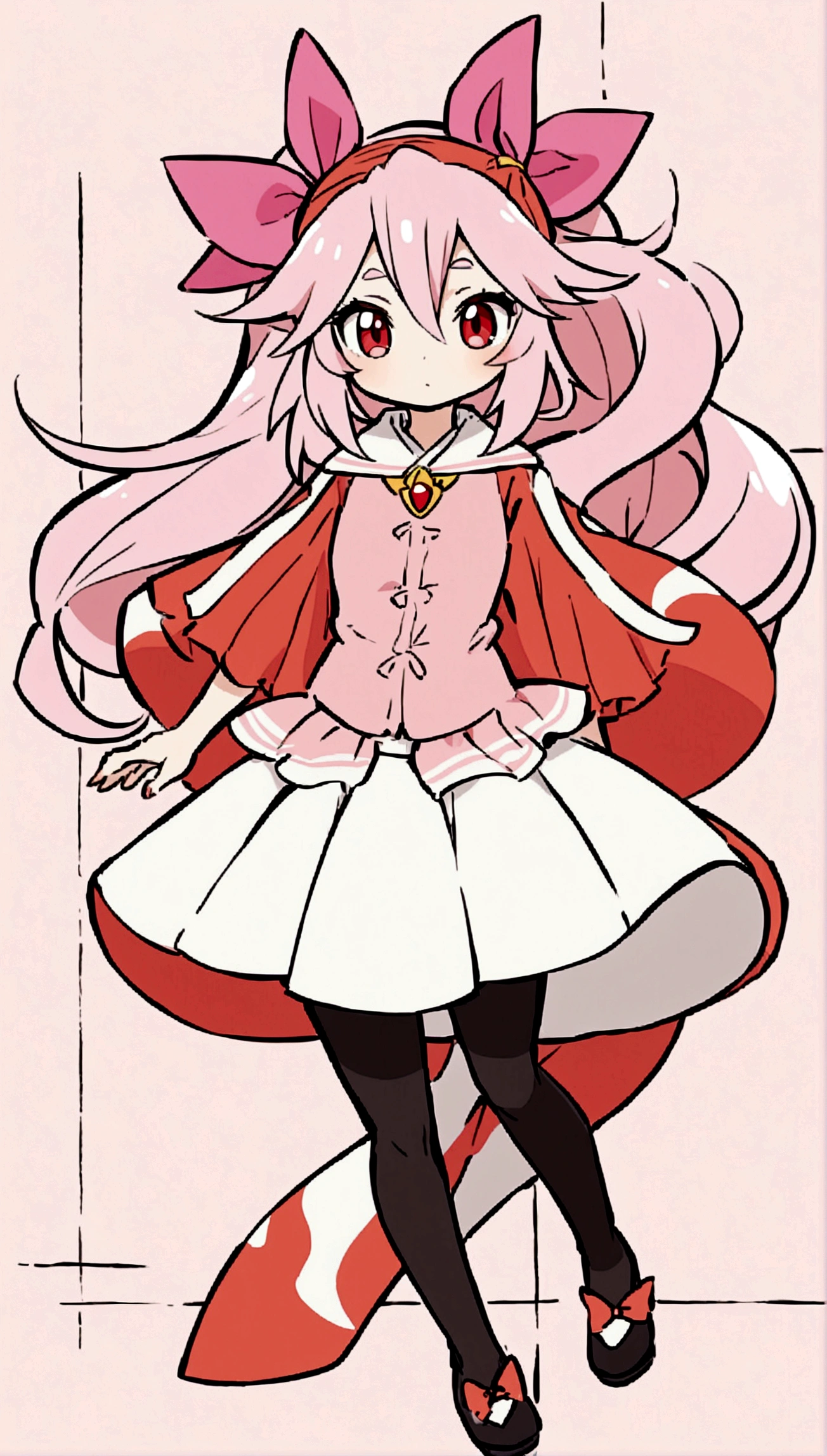 An anime-style full body profile picture of the character Hiiro, with long pink hair and red eyes wearing a white and skirt with black tights on a solid background. The artwork should capture her vibrant personality in the style of manga, emphasizing bright colors and exaggerated features typical for Japanese animation. Ensure that she is centered in the frame to emphasize her visual appeal while maintaining clear outlines for easy ordinary use
