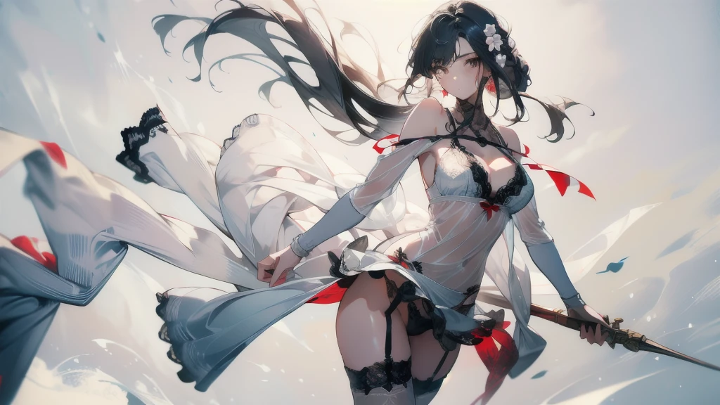 ((masterpiece, best quality)), Delicate face,fighter,White,whole body,Standing picture,Long legs,Large Breasts,Gradient long wavy hair,Perfect body proportions,beautiful eyes,Extremely beautiful,transparent, Pure white background,Erotic_lingerie,Lace,Garter stockings
