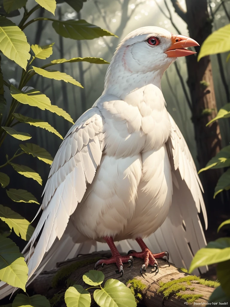 （Highest quality，masterpiece：1.2），Super quality，Red beakを持つアルビノの鳥が木の枝に止まっている，Pure white finch，Pet Birds， Watching birds,   Cheeky look, birb, Pubic Pose, Intense albinism, Looking away from the camera，Sharp red eyes，Pale yellow beak，Red beak，Beautiful beak， in the forest，Sunlight filtering through the trees，Soft, diffused natural light，Dreamy atmosphere，Fantastic color palette