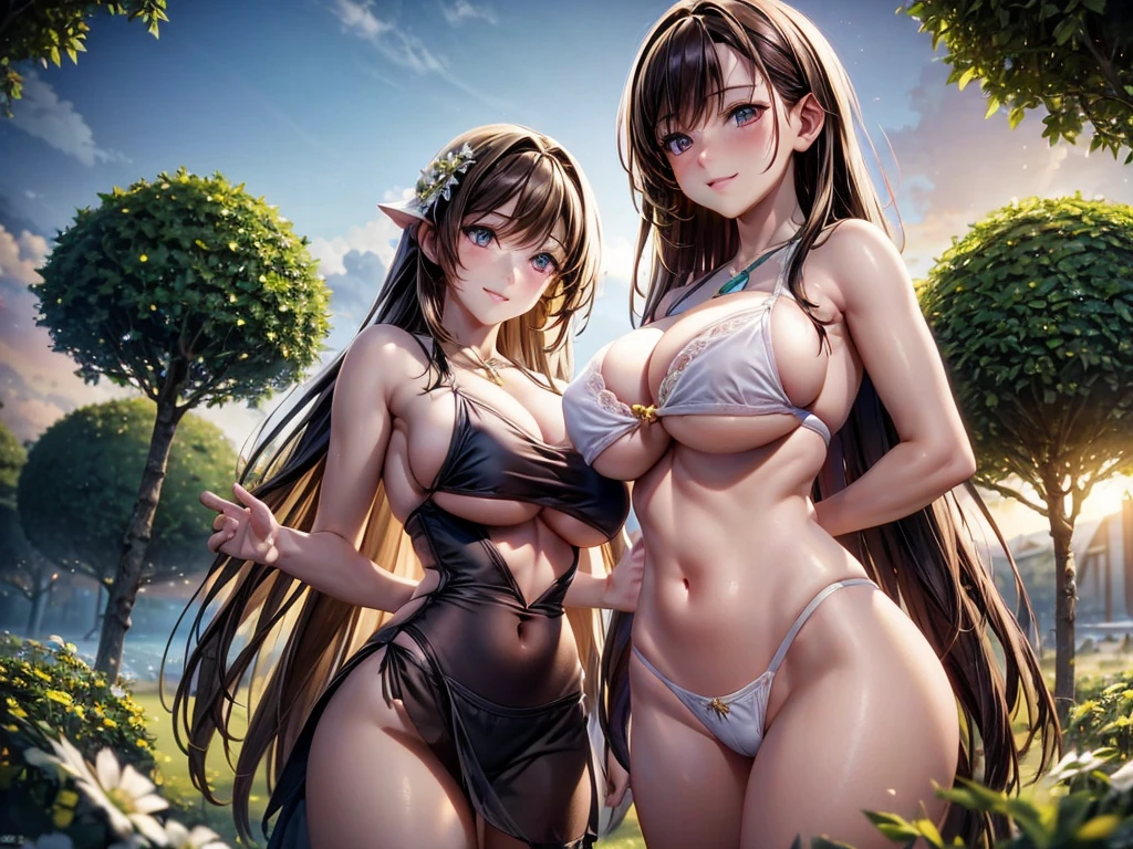(ung girls), (best quality), (ultra-detailed), illustration, (detailed light), (an extremely delicate and beautiful), brown hair, brown eyes, model, (Beautiful big breasts:1.3), bare shoulders, (bare breasts:1.2), best quality, extremely detailed CG unified 8k wallpaper, High-definition raw color photos, professional photography, (((Bokeh))), depth of fields, beach, sea, twilight, sunset,