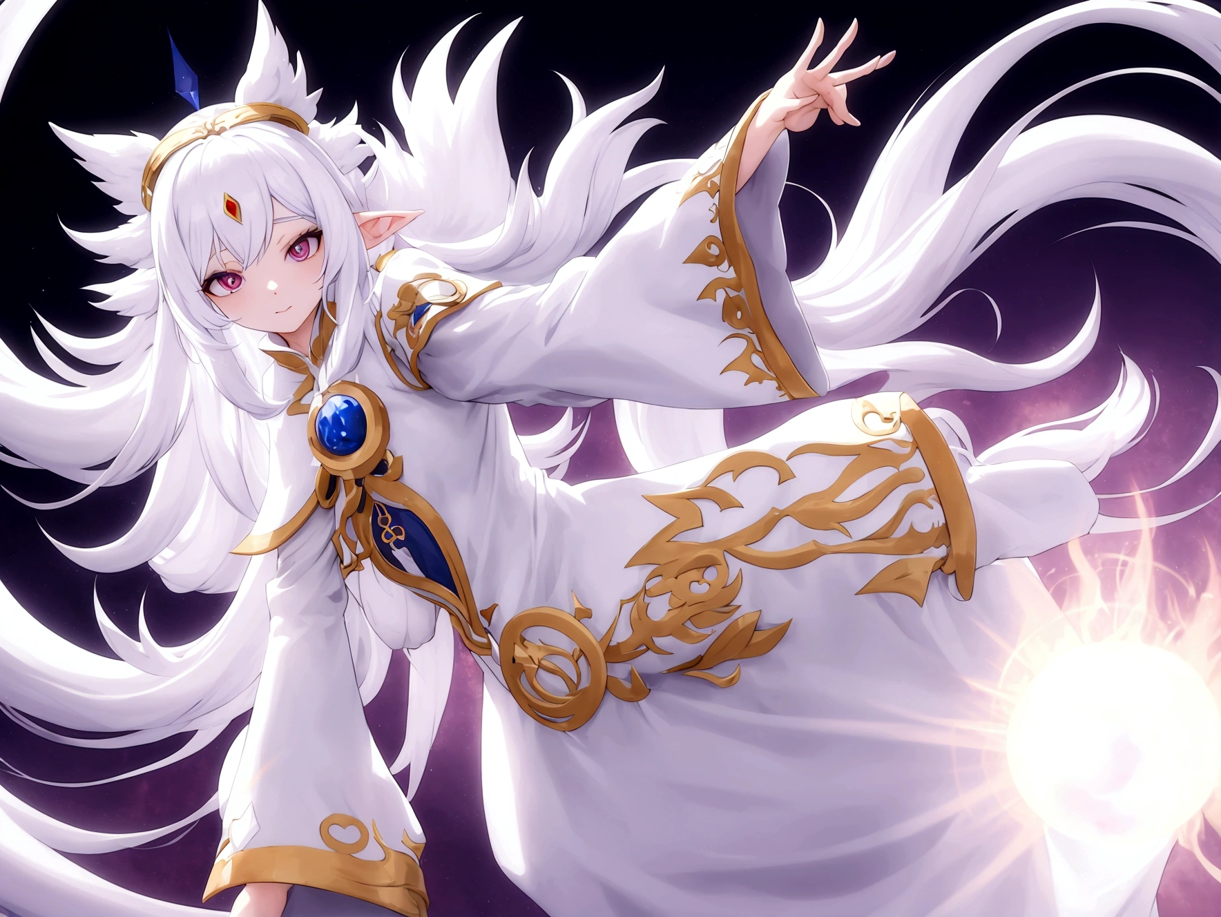 Character (human) (white long hair) (mystical seer-style clothing) (character in dynamic pose) (perspective angle) (full frame) (ethereal background) (warm vibes)