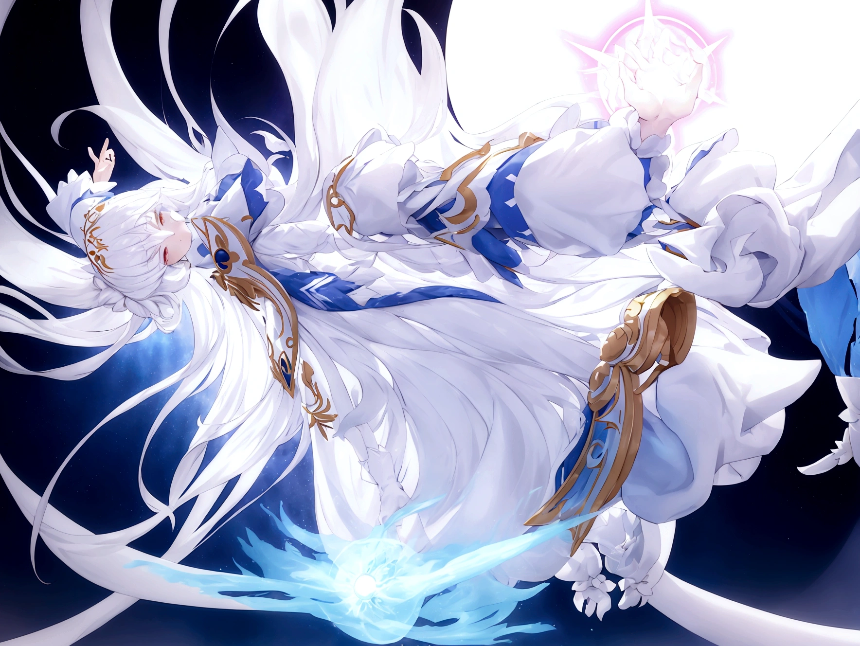 Character (white long hair) (white pale skin) (mystical seer-style clothing) (character in dynamic pose) (perspective angle) (full frame) (ethereal background) (warm vibes)