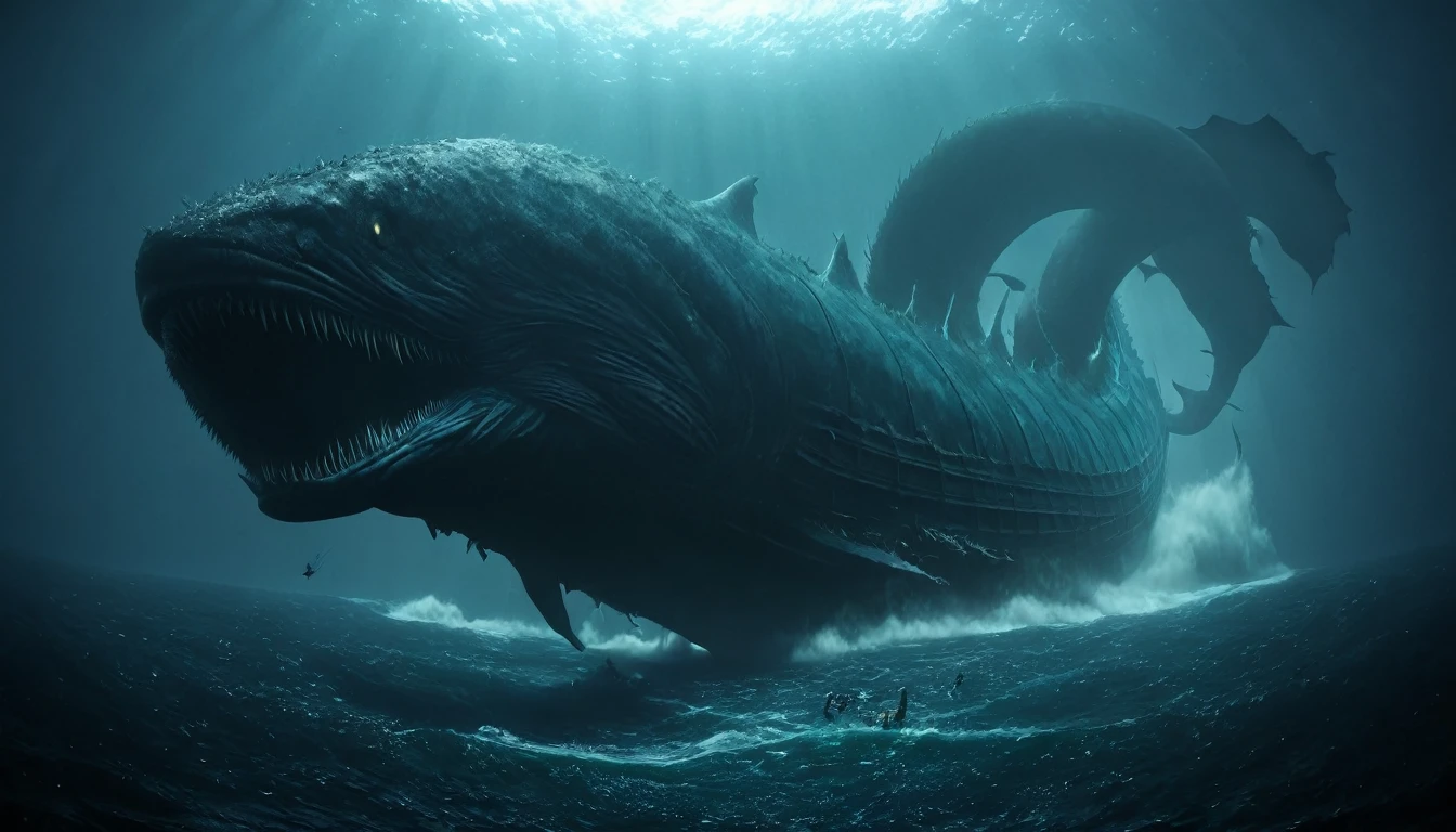 a huge leviathan at the right corner coming from the sea, dark, 4k