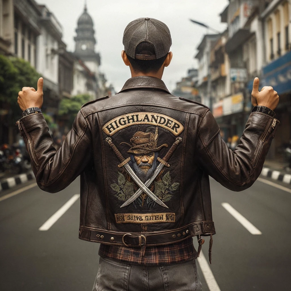 View from behind. An Indonesian young man, which, wear sunglasses, wearing a dark brown leather rocker jacket embroidered with the words HIGHLANDER, sword symbol, trucker hat, gray ripped jeans, brown boots, watch, succeeded. Face facing to the side, both thumbs pointing to the back. Solo city sidewalk background. professional photography, Realistic, ultra detail, clear, sharp.