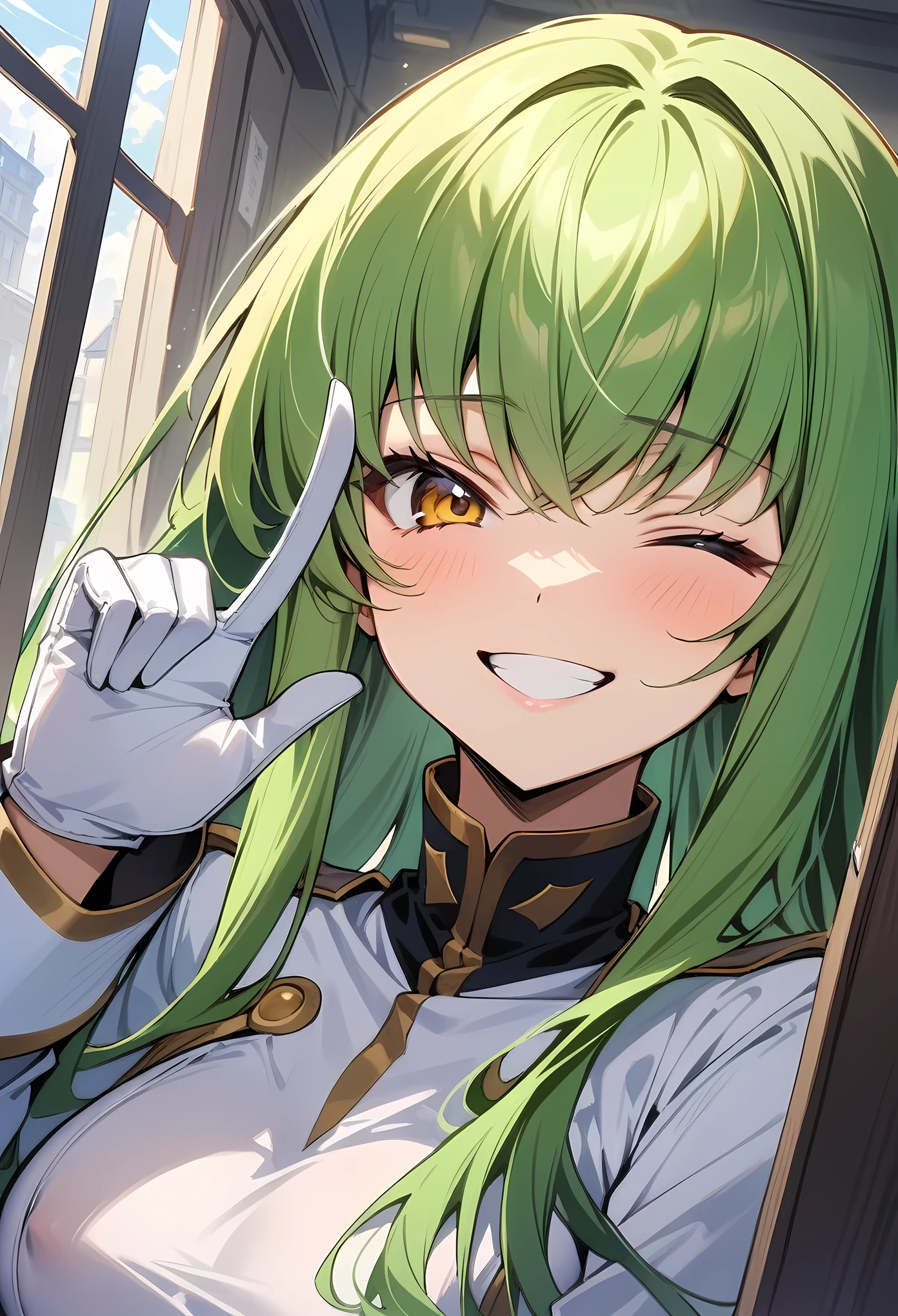 masterpiece, best quality, very aesthetic, absurdres, newest,1girl, covered_nipples, (close-up of face), shushing, silence gesture,wink,one eye closed, smile, grin,finger_to_mouth,,c.c(code_geass), 1girl, crossed_bangs, eyes_visible_through_hair, green_hair, medium_breasts, straight_hair, very_long_hair, white_footwear, white_gloves, white_jacket, white_pants, yellow_eyes,beside window
