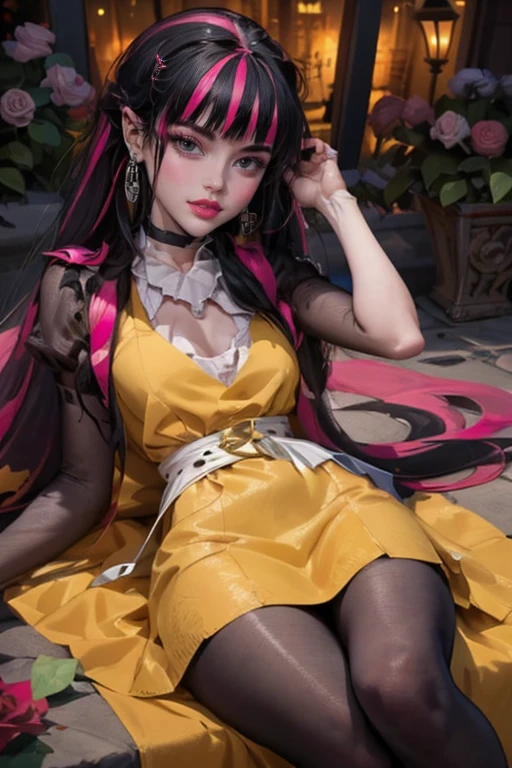 1 girl, a girl with bat wings, holding a red rose, succubus, a red roses on focus, red roses, black hair, pink hair, multicolored hair, bat choker, necklace, centered, bat jewelry, gothic scenery, Pink bat Jewelry, smile, vampire fangs, (looking at viewer), Draculaura_MH, wavy hair, solo, red roses, ornament hair, pink roses on her hair, bat ears on the top of the head, a vampire girl, holding a red rose, perfectly body, perfectly hands, pink hair, flowing hair, short hair, laying down on a grass, chinese garden style, oriental garden, a lake with white carpas on the background, gold lantern, black dress, chinese black dress, a dress with layers, short skirt, more details on her clothes, laying down, golden details, night, smiling, pink dress, garden scene, cowboy shot, luxury, gold details on her clothes, 1girl, dress, jewelry, maid clothes, maid, maid dress, maid apron, maid headdress, white apron, solo, black dress, gold lantern, Chinese style, Chinese lanterns, Chinese maid dress, laying down on the grass, black gloves, black socks, white laces, pink shoes, gold details on her clothes, cat ears, animal ears, garden, roses, more details, best quality