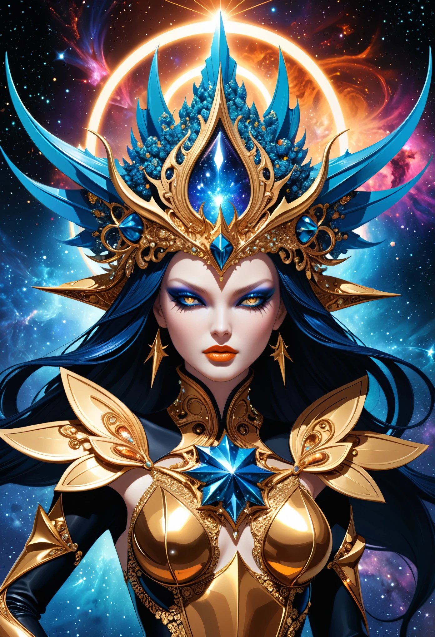 in style of Thierry Mugler,character concept design, half body,Mythical wizard girl,Celluloid style,galaxy,Fractal,Halo,Fantasy art,(insanely detailed and intricate, Hypermaximalist, elegant, ornate, hyper realistic, super detailed:1.1),angry,