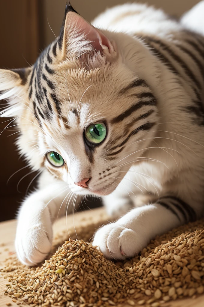 cat white,greeneyes, Eating feed 