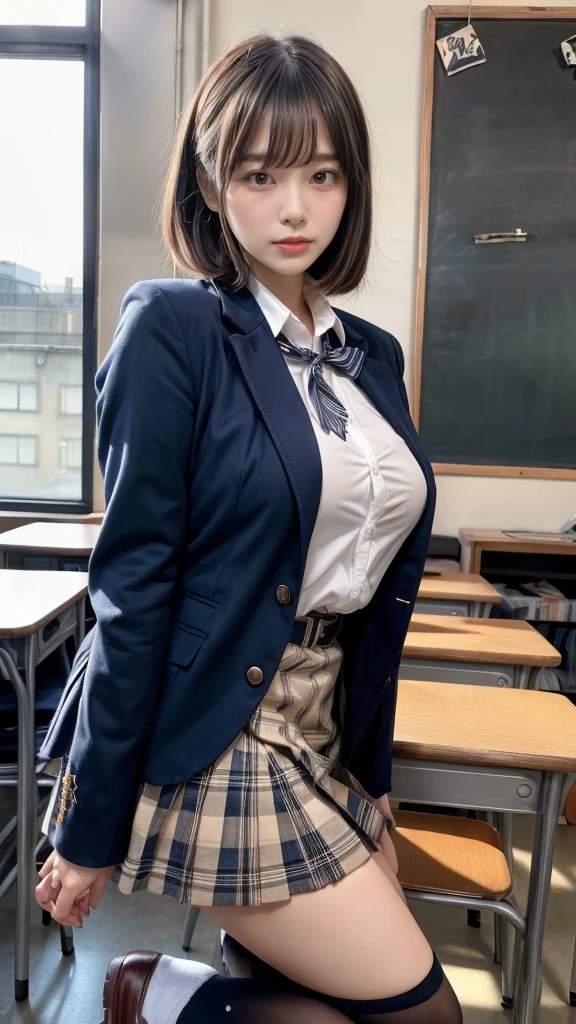 masterpiece, best quality, illustration, Super detailed, fine details, High resolution, 8K,wall paper, perfect dynamic composition,(Details High quality, realistic depiction of eyes:1.3), from side, High School Classroom、High school girl uniform、blazer 、Super Short Check Uniform Skirt、Navy blue high socks、garterbelts、Colossal tits、Disturbed uniform,  short bob hair, black hair color, huge breasts, Big Natural Color Lip, bold sexy pose, (perfect body shape), crying a little、Harajuku style、20 year old girl、 beautiful legs, hposing Gravure Idol