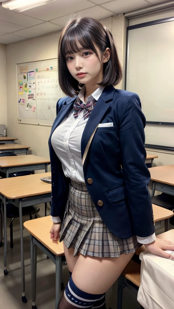 masterpiece, best quality, illustration, Super detailed, fine details, High resolution, 8K,wall paper, perfect dynamic composition,(Details High quality, realistic depiction of eyes:1.3), from side, High School Classroom、High school girl uniform、blazer 、Super Short Check Uniform Skirt、Navy blue high socks、garterbelts、Colossal tits、Disturbed uniform, short bob hair, black hair color, huge breasts, Big Natural Color Lip, bold sexy pose, (perfect body shape), crying a little、Harajuku style、20 year old girl、 beautiful legs, hposing Gravure Idol