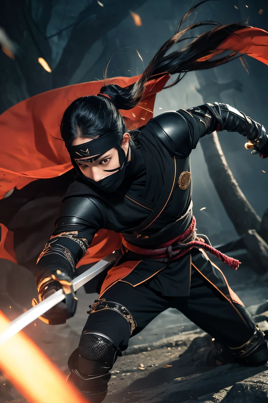 Please depict a ninja dressed in black shinobi attire.
Show the ninja poised with an ancient Japanese sword passed down through the ages.
Illustrate a scene where the ninja swiftly moves among trees.
Capture a facial expression that conveys strong determination despite the ninja's eyes being covered by a mask.
Create an image with a backdrop of a quiet night town or mountainous terrain.
Include reflections of light sparkling off the ninja's blades and armor, emphasizing their silhouette.
To enhance an action-packed scene, incorporate tattered cloth billowing in the wind around the ninja.Please depict a male.