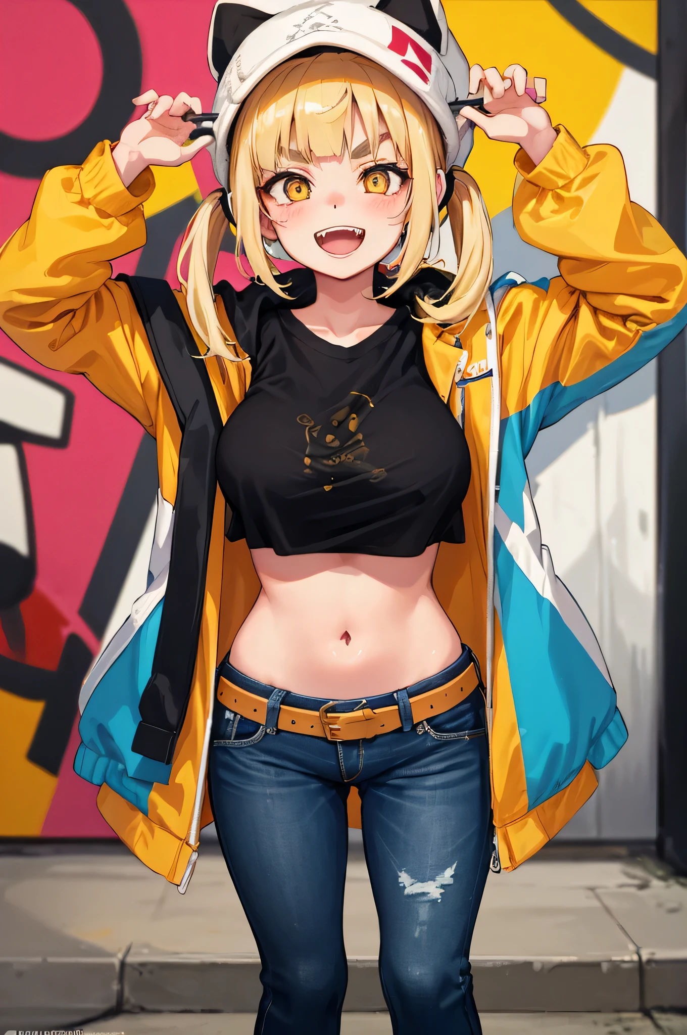 Original Character, Volumetric Lighting, Best Shadows, Shallow Depth of Field, Portrait Of Stunningly Beautiful Girl, , Delicate Beautiful Attractive Face With Alluring Yellow Eyes, Messy Painted Face, Sharp Eyebrows, Broadly Smiling, Open Mouth, Fangs Out, Lovely Medium Breasts, Layered Long Twintail Blond Hair, Blush Eyeshadow, Thick Eyelashes, Applejack Hat, Oversized Pop Jacket, Mini Underboob Tee, Open Navel, Slim Waist, Denim Jeans Pants, With Buckle Belt, In The Graffiti Alley, Waste Container, Outside Stairs, Outdoor Unit, Holding Spray Paint Can, Standing, (Highest Quality, Amazing Details:1.25), (Solo:1.3), Brilliant Colorful Paintings