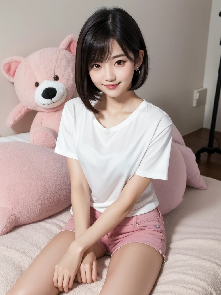 (8K, Realistic, RAW Photos, Highest quality: 1.4),Japanese idol-style beautiful girl,1 person,18-year-old,(Hairstyle(Short Bob,Black,Center Parting)),The forehead is visible,She has her hair tucked behind her ears,Large, clear grey eyes,Long eyelashes,She has small piercings in her ears,Lip gloss(Pale pink),Fuller, lustrous lips,A small pendant around her neck,(Tunic(Short sleeve)),Long legs,barefoot,Her Room,(On the bed(sitting cross-legged,Large stuffed animal)),Smiling at the camera,Front view,Full body portrait