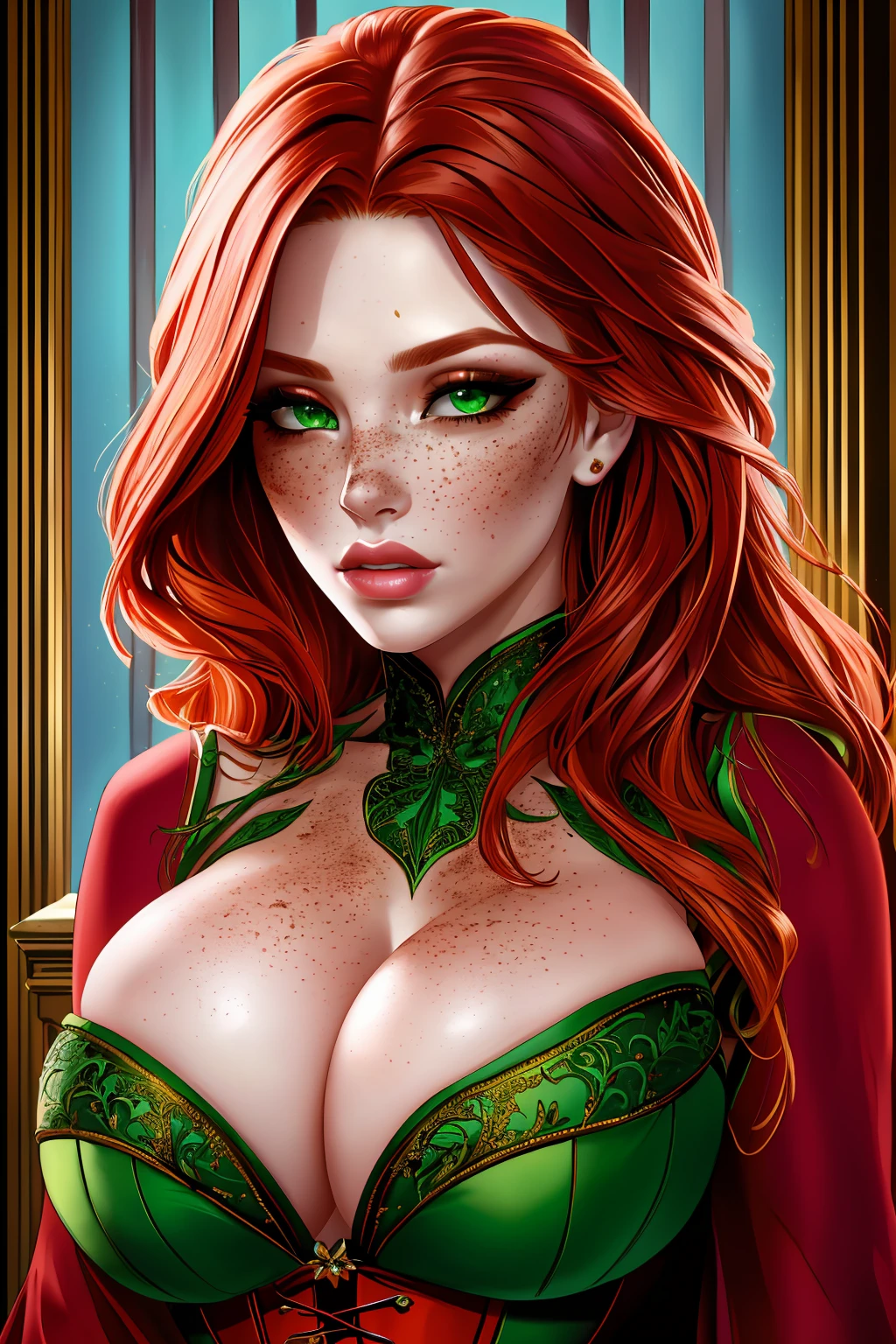 a woman with long crimson hair, intricate Green corset, beautiful detailed eyes, beautiful detailed lips, extremely detailed face, longeyelashes, elegant pose, graceful movement, breathtaking, detailed and realistic, oil painting, dramatic lighting, warm color palette, cinematic composition, masterpiece, 8k, high quality, poison ivy, freckles on breasts, freckles on face, (cleavage Focus)