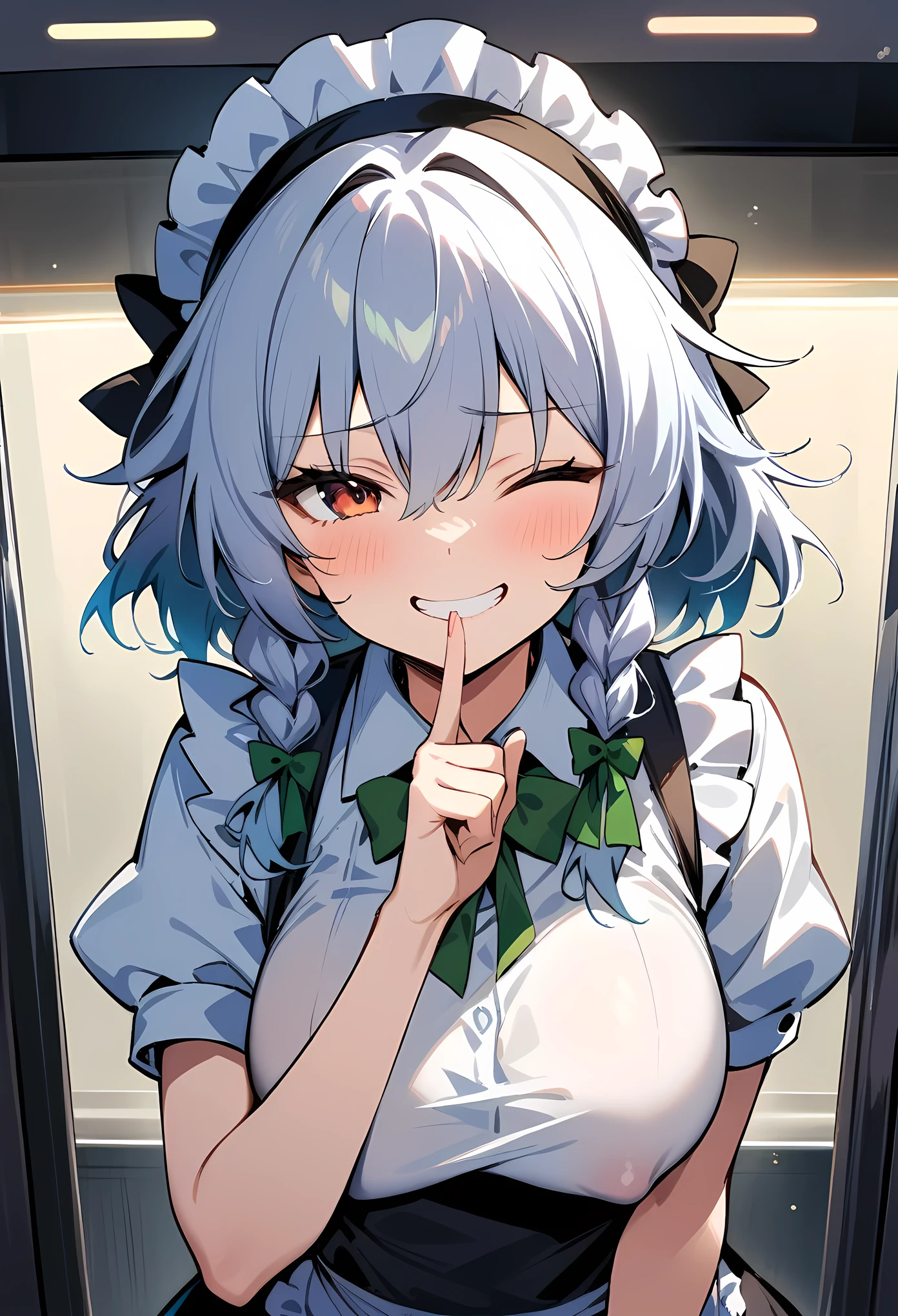 masterpiece, best quality, very aesthetic, absurdres, newest,1girl, covered_nipples, (close-up of face), shushing, silence gesture,wink,one eye closed, smile, grin,finger_to_mouth,,izayoi sakuya, touhou, solo, maid headdress, maid, apron, short sleeves, dress,,in a lift, in a elevator