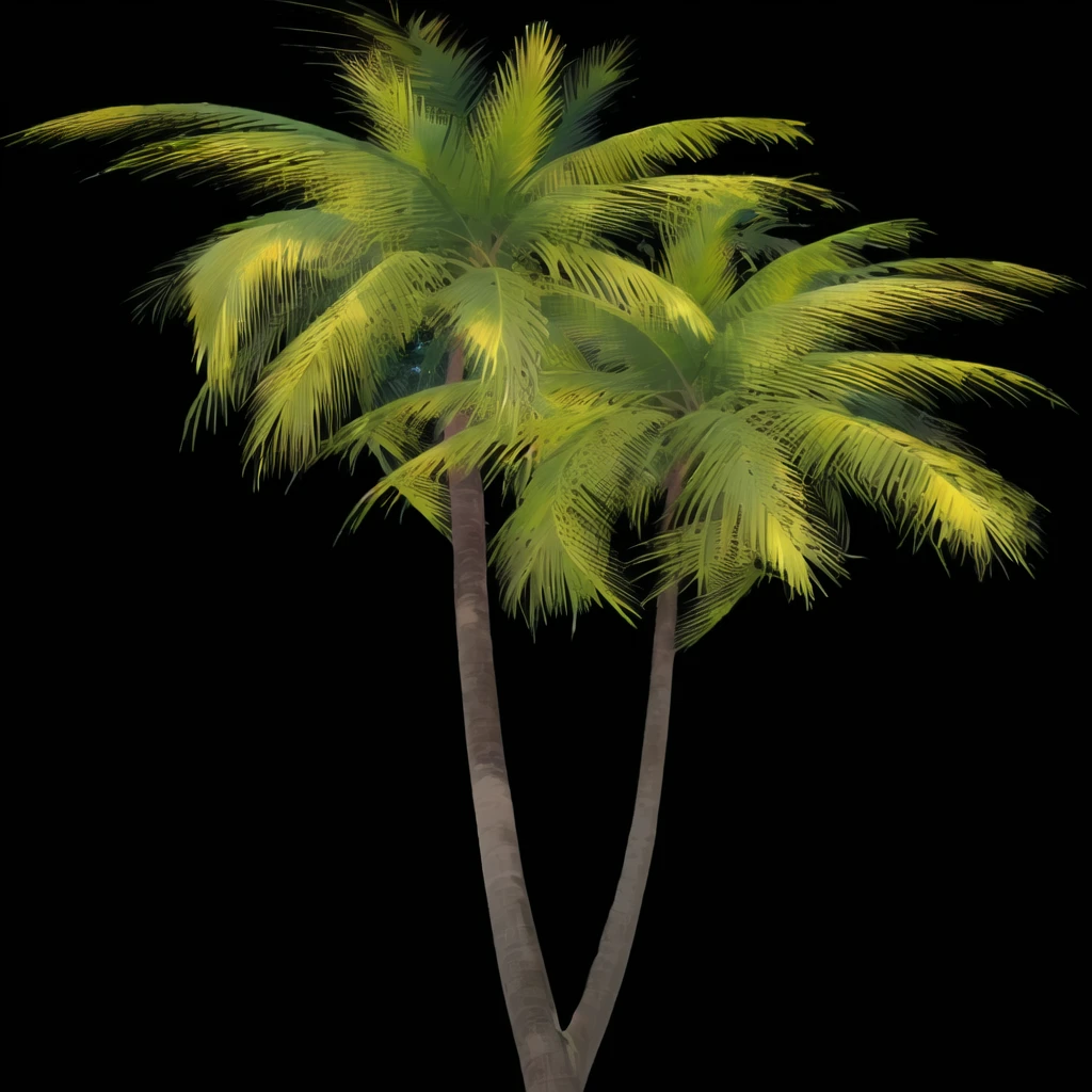 a close up of two palm trees on a black background, palm tree, tropical trees, tropical palms, a palm tree, palm trees, tree palms in background, palmtrees, exotic trees, coconut palms, palm trees in the background, palms, coconut trees, the palms come from the ground, palm, with potted palm trees, palm pattern visible, on a black background