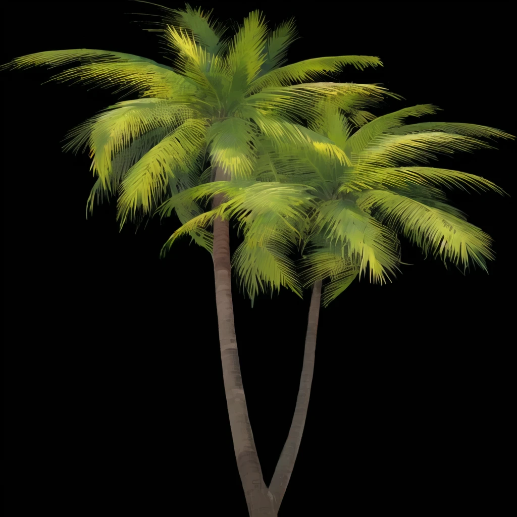 a close up of two palm trees on a black background, palm tree, tropical trees, tropical palms, a palm tree, palm trees, tree palms in background, palmtrees, exotic trees, coconut palms, palm trees in the background, palms, coconut trees, the palms come from the ground, palm, with potted palm trees, palm pattern visible, on a black background