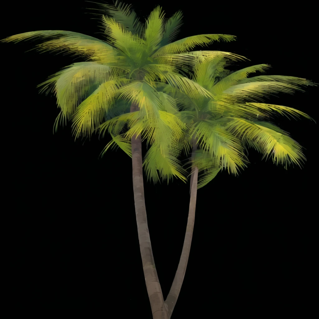a close up of two palm trees on a black background, palm tree, tropical trees, tropical palms, a palm tree, palm trees, tree palms in background, palmtrees, exotic trees, coconut palms, palm trees in the background, palms, coconut trees, the palms come from the ground, palm, with potted palm trees, palm pattern visible, on a black background