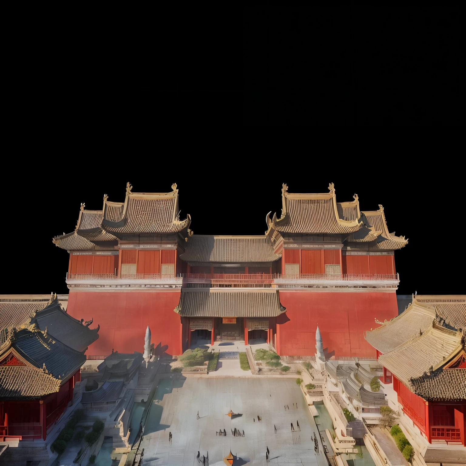 Arav view of Chinese architecture with courtyard and bell tower, Beautiful rendering of the Tang Dynasty, Tang Dynasty Palace, made from million, old Chinese building, Royal Palace, Forbidden City, wide front view, Ultra-detailed 2D painting, High resolution and detail