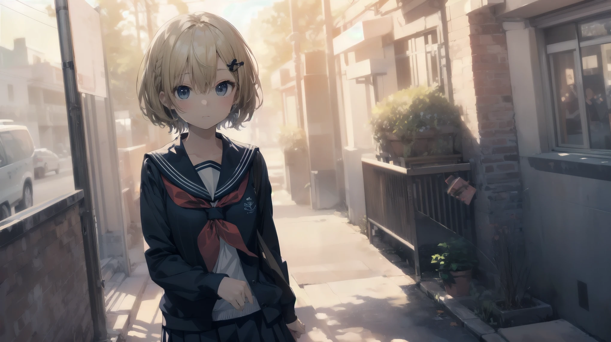 Highest quality, Anime Moe Art Style,Best Anime 8K Konachan Wallpaper,pixiv contest winners,Perfect Anatomy, (Please draw a girl walking sleepily to school.... ),break, 1 Girl, (alone,,,13 years old:1.3),high school student, short hair, amount, (Hair above one eye:1.7),All limbs, Full Finger,Medium Chest, Between the legs, Small eyes,accurate black eyes, Hair Clip, (Sailor suit:1.5),(school uniform:1.5) skirt,On the way to school. break,Very detailed,High resolution,ultra high density skin, Professional Lighting,8K eye detail, (Cute illustrations:1.2),blonde,blonde hair,Expressionless,(Hair on one eye:1.5),Sailor suit