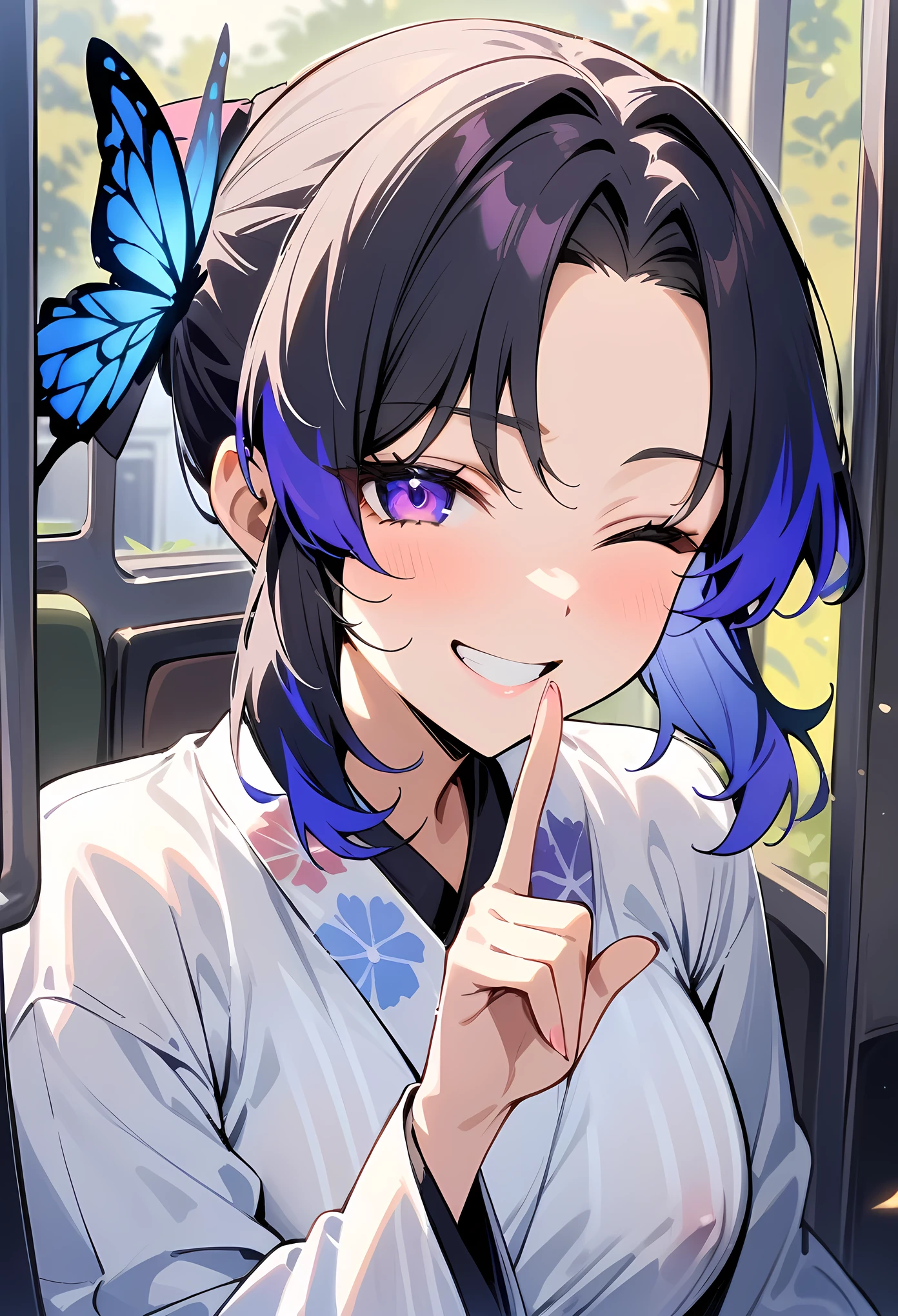 masterpiece, best quality, very aesthetic, absurdres, newest,1girl, covered_nipples, (close-up of face), shushing, silence gesture,wink,one eye closed, smile, grin,finger_to_mouth,,Kochou Shinobu, Decorate your hair with a butterfly, violet eyes, multi-colored hair, Short hair, Parted bangs, Japanese dress,in a bus