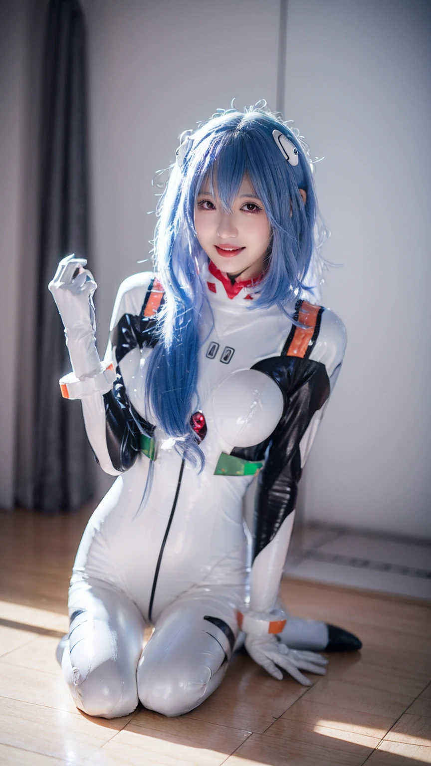 (One Girl:1.3), Japanese high school students, Great face and eyes, Looking into the camera, A joyful smile、Showing teeth、 (Highest quality:1.4), Very detailed CG 統合 8k 壁紙, Very detailed, 高解像度のRAWカラーphotograph, プロのphotograph撮影, Realistic full boDy shot, Studio shot、Portrait of sexy girl, Open appearance, Ultra-high resolution,Highest quality,photograph,4K,(Realistic:1.2),One Girl,:D,ayanami_Cosplay_Costume,Plug Suit,Blue Hair,Ayanami Rei,Pilot Suit,Cosplay,Interface Headset,Hair Pod,gloves,Braces,Perfect fit for your skin,((((Short Hair))))、slim