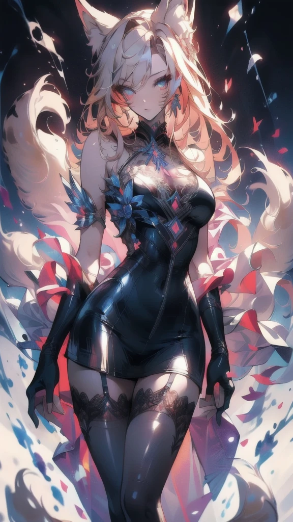 ((masterpiece, best quality)), Delicate face,Nine-tailed Fox,Flame Surround,White,whole body,Standing picture,Long legs,Large Breasts,Gradient long wavy hair,Perfect body proportions,beautiful eyes,Extremely beautiful,transparent, Pure white background,Erotic_lingerie,Lace,Garter stockings