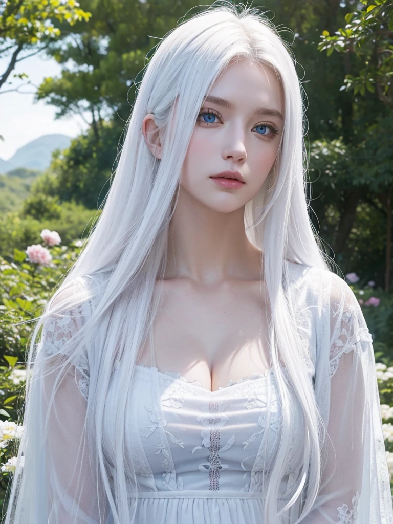 Long white hair, blue eyes, serious features, white skin, loose style, in a garden, with flowers , in the forest