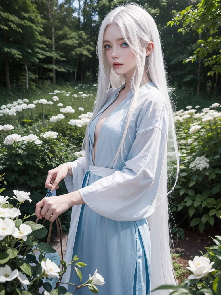 Long white hair, blue eyes, serious features, white skin, loose style, in a garden, with flowers , in the forest 